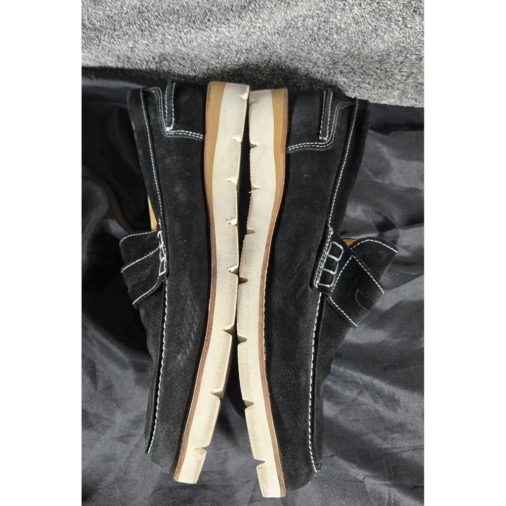 Girotti Black Suede Penny Loafers White Contrast Stitching Wedge Sole Mens EU 43